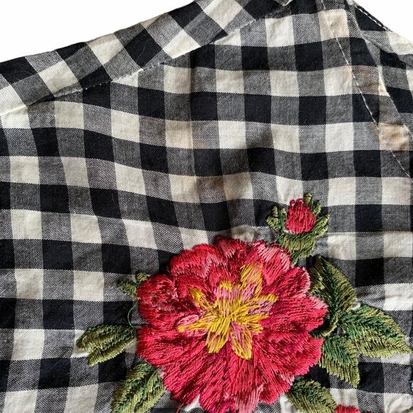 Stradivarius Gingham Bell Sleeved Floral Embroidered Top S - Picture 6 of 8
